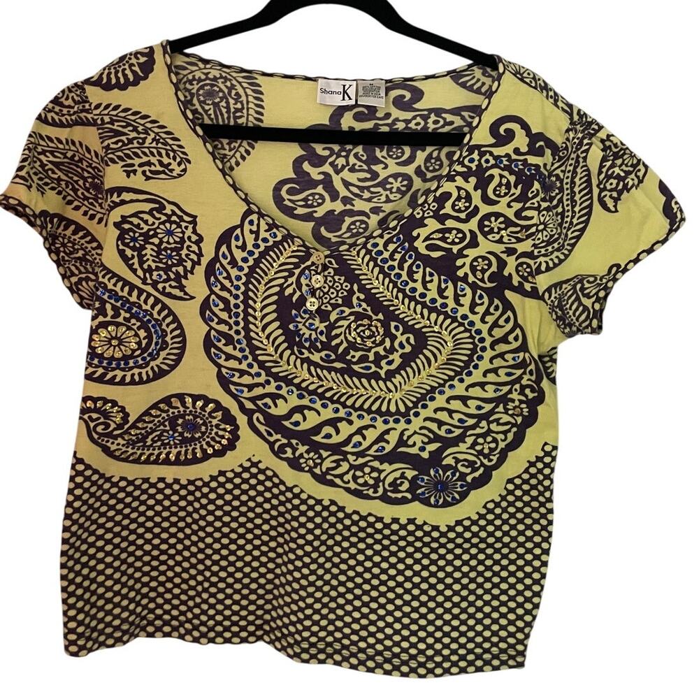 Shana K Beaded Paisley Top Medium Yellow Purple Boho Y2K Embellished Blouse
